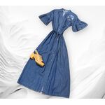  Abito jeans chemisier con cintura e spilla fiore in tessuto  mezza manica con balze taglia unica
