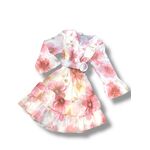 ASHLEY SRL ROMA ABITO IN GEORGETTE fantasia rosa ,scollo a V manica tre quarti con rouge, gonna a balze con cinta