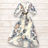  ABITO IN VISCOSA LUNGO FODERATO con manica tre quarti balza sul davanti fantasia