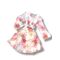 ASHLEY SRL ROMA ABITO IN GEORGETTE fantasia rosa ,scollo a V manica tre quarti con rouge, gonna a balze con cinta